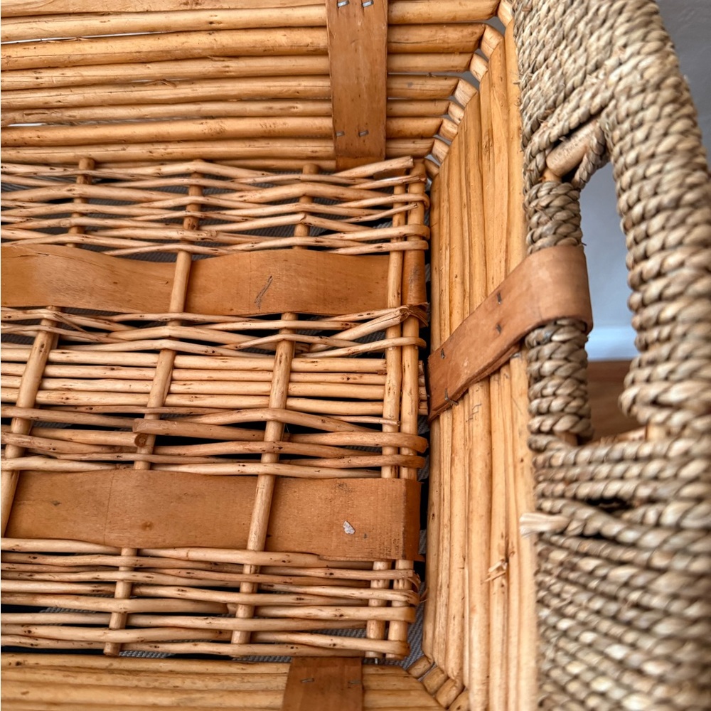 Vintage Wicker and Wood Woven Basket Medium Size with Handles - Picture 4 of 13